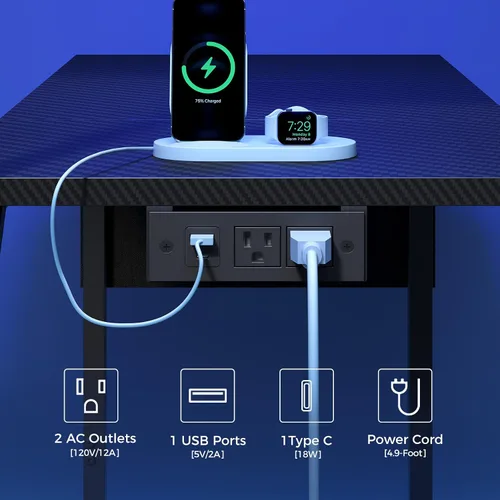 Miniatura 6 de MAHANCRIS Escritorio para videojuegos, escritorio de computadora con estación de carga y luz LED, escritorio pequeño para PC con bolsa