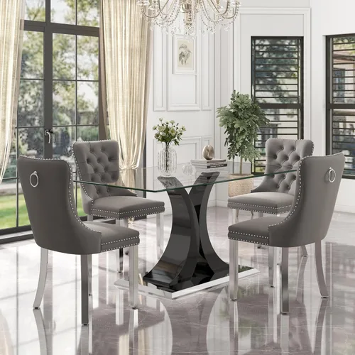 Miniatura 9 de Moderno juego de comedor de cristal de lujo para 6, 63 pulgadas, juego de vajilla rectangular minimalista grande para 6, juego de mesa de cocina