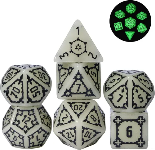 Miniatura 7 de Cusdie - Juego de 7 dados DND gigantes de 25 mm que brillan en la oscuridad, juego de dados poliédricos luminosos, dados D&D con bolsa de dados