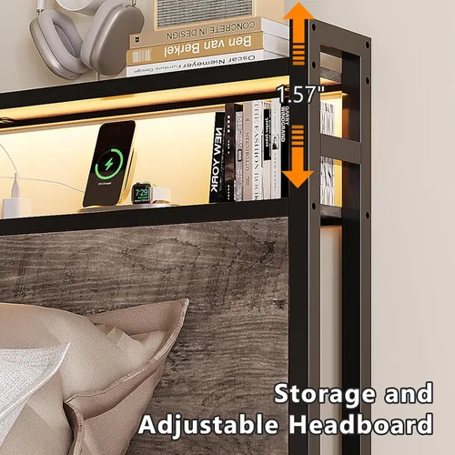 Miniatura 5 de VINGLI Base de cama LED Queen con 4 cajones de almacenamiento y estante de cabecera ajustable, plataforma de metal con estación de carga para niños