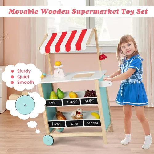 Miniatura 5 de HONEY JOY Carrito de Helados para Niños, Set de Juego de Tienda de Abarrotes de Madera con 6 Piezas de Comida de Juguete, Campana Realista y Báscula