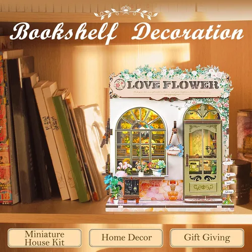 Miniatura 2 de Kit de rincón de libros – Kit de casa en miniatura de bricolaje con luz LED, rompecabezas de madera 3D, decoración de estantería estilo floristería