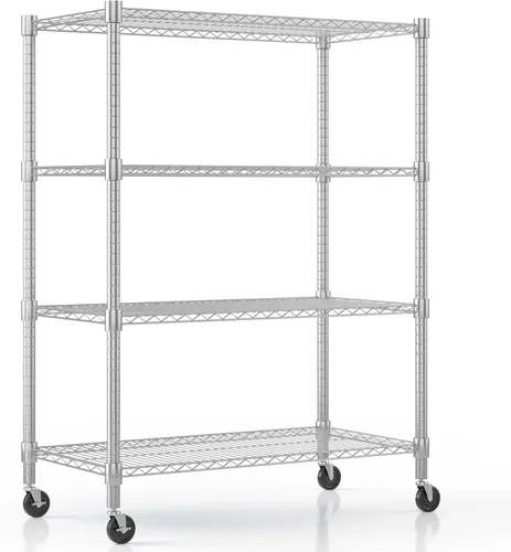 Himimi Estantería de almacenamiento de alambre de acero resistente de 4 niveles, estantes de almacenamiento de metal ajustables con ruedas, estante