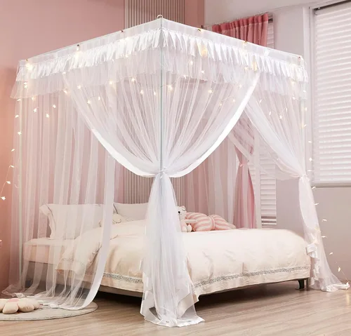 Mengersi Cortina para Dosel de Cama Princesa, con 4 Esquinas, Dosel con Mosquitero para Cama de Princesa (Blanco, Doble)