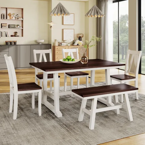 Miniatura 22 de Juego de mesa de comedor de 6 piezas estilo granja, mesa rectangular con soporte y 4 sillas tapizadas y banco, juego de muebles de cocina