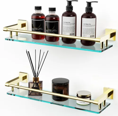 Miniatura 7 de Estante de vidrio para baño, vidrio templado de 20 pulgadas con barandilla de acero inoxidable dorado cepillado, estantes de vidrio flotantes