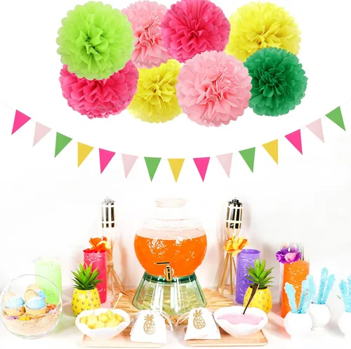 Miniatura 4 de Decoraciones para fiesta en la piscina de Hawái - Serpentinas - 35 pompones de pañuelo, suministros de cumpleaños tropicales, guirnalda de borlas