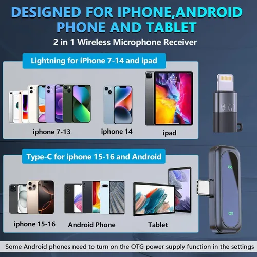 Miniatura 5 de RICCHI Micrófono Lavalier inalámbrico para iPhone, iPad y teléfono Android, 2 mini micrófonos con reducción de ruido micrófono de solapa