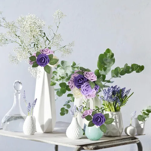 Miniatura 4 de AmyHomie Serie de flores artificiales, 25 rosas falsas de aspecto real con tallo para ramos de boda, centros de mesa, arreglos de fiesta, baby