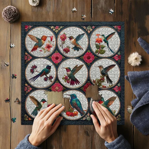 Miniatura 5 de Rompecabezas de colibrí para adultos de 1000 piezas, rompecabezas de flores de pájaros, arte de retazos, rompecabezas de edredón floral