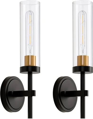 Juego de 2 apliques de pared cableados negros y dorados, modernos apliques de tocador de baño con pantalla de vidrio transparente, luces de montaje