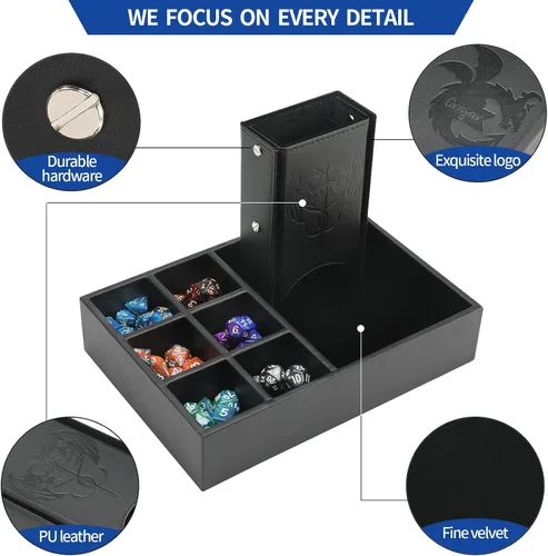 Miniatura 5 de Grajar Bandeja de dados 3 en 1 con tapa, caja de almacenamiento portátil para dados, soporte para dados DND para juegos de mesa de Dungeons and Negro