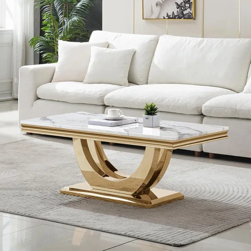 Miniatura 15 de Mesa de centro de mármol negro Henf de lujo, mesa auxiliar rectangular de mármol sintético de imitación con base de acero inoxidable dorado
