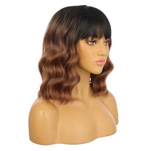 Miniatura 3 de eNilecor Peluca de color negro a marrón para mujer, peluca de pelo corto ondulado rizado con flequillo, 14 pulgadas, disfraz de fiesta sintético