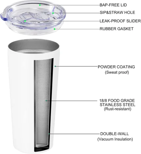 Miniatura 2 de VEGOND Vaso de 20oz a granel con tapa y pajita, vaso aislado al vacío de acero inoxidable de doble pared para café, viaje, paquete de 1 unidad