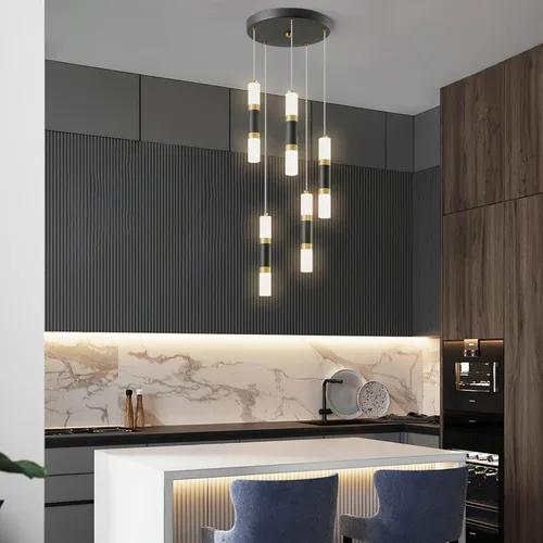 Miniatura 5 de Lámpara colgante moderna de 5 luces para isla de cocina, lámpara colgante regulable LED, luces colgantes mini negras para comedor y cocina