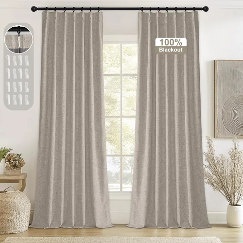 StangH Cortinas Plisadas Completamente Opacas para Dormitorio, Cortinas de Lino Beige de 84 Pulgadas de Largo, 2 Paneles, Cortinas Térmicas de