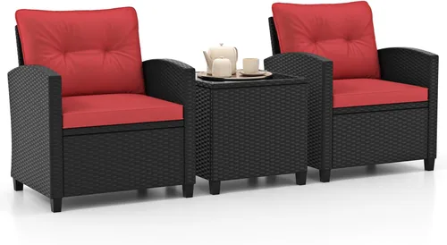 Miniatura 19 de HAPPYGRILL Juego de conversación para patio de 3 piezas, juego de muebles de exterior de sofá de ratán PE con cojines removibles, sillas de mimbre