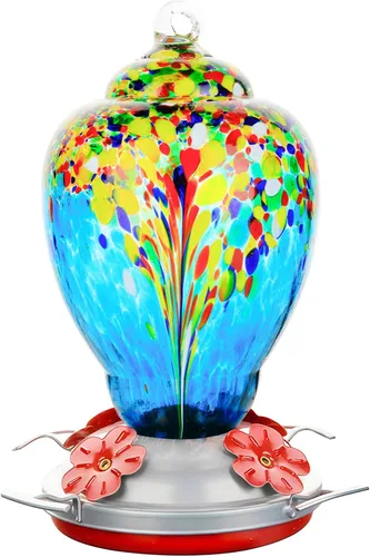 Miniatura 14 de WOSIBO Comedero para colibríes para exteriores, patio, grande, 32 onzas, comedero para colibríes de vidrio soplado a mano colorido con foso