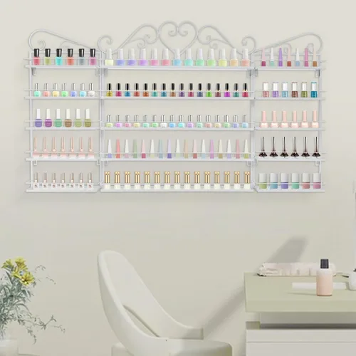 Miniatura 10 de Estante de almacenamiento de esmalte de uñas de metal para montar en pared, organizador de esmalte de uñas triangular de 5 niveles, soporte