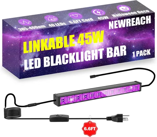 Barra de luz negra LED enlazable de 45 W con cable de 6.6 pies, brilla en la oscuridad de 28 x 28 pies, para fiesta brillante, decoración de neón,
