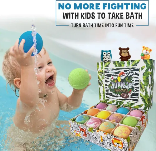 Miniatura 7 de Bombas de baño para niños con sorpresa en el interior, 12 burbujas de baño con juguetes de animales de la selva. Hidratante, suave y seguro