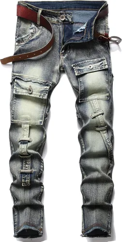 XIMXIMMTIAN Jeans de mezclilla para hombre estilo motociclista, lavados, desgastados, ajustados y rectos