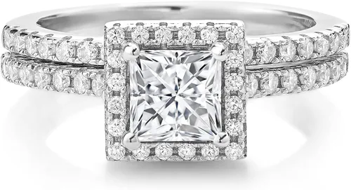 925 Sterling Silver Halo Bridal Ring Band Set for Women | 5MM Princess Cut Gemstone Birthstone with Round White Moissanite Accents | Wedding