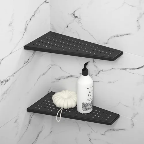 Miniatura 9 de Estante esquinero para ducha, color negro mate de 12 pulgadas con lechada trapezoidal en estante para champú, diseño de rejilla de acero inoxidable
