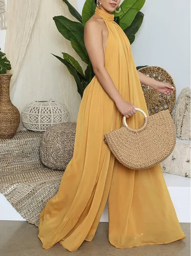 Miniatura 3 de Ekaliy - Enterizo sexi de verano para mujer, de chifón, con escote halter, sin mangas, pantalón largo de pierna ancha, enterizo de fiesta