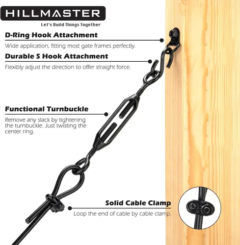 Miniatura 3 de HILLMASTER Kits de Puerta Anti-Combadura Duraderos para Cerca de Madera, Kit de Cable de Soporte de Puerta en Zinc, Kit de Puerta de Cerca Negro