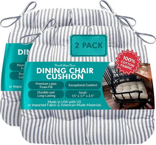 Miniatura 139 de Barnett Home Decor Ticking Stripe Berlin Blue - Almohadilla para silla de comedor con lazos, tamaño mediano 18, relleno de espuma de látex, lavable