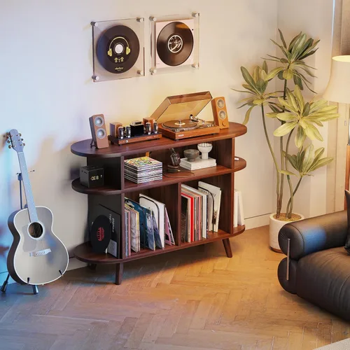 Miniatura 7 de LIVEHOM Soporte redondo grande para tocadiscos, armario de almacenamiento de discos de madera, soporte para discos de vinilo con área