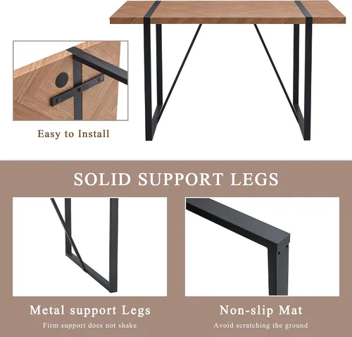 Miniatura 5 de Una mesa de comedor rectangular retro minimalista con una parte superior especialmente texturizada y patas de metal negro. Mesa de madera