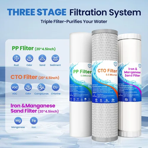 Miniatura 3 de Sistema de filtro de agua para toda la casa, 3 etapas de eliminación de hierro y manganeso, filtro de 20 x 4.5 pulgadas, con filtro de sedimentos