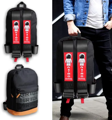 Miniatura 7 de W-POWER JDM Bride Racing Mochila de viaje para laptop con parte inferior marrón con correas de arnés ajustables (ASIMO-BK)