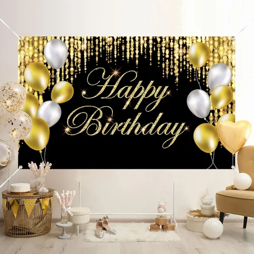 Miniatura 5 de Cartel de feliz cumpleaños negro y dorado con texto en inglés «It's My Birthday», telón de fondo para baby shower, fiesta interior y exterior