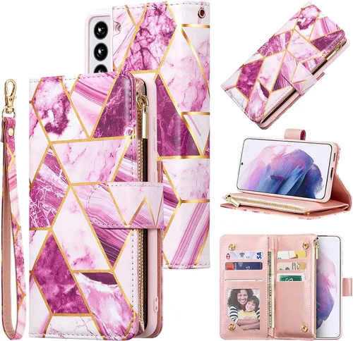 Miniatura 15 de UEEBAI Funda tipo cartera para Samsung Galaxy S22 Ultra 5G, piel sintética con cierre magnético, bolsillo con cremallera, ranuras para tarjetas