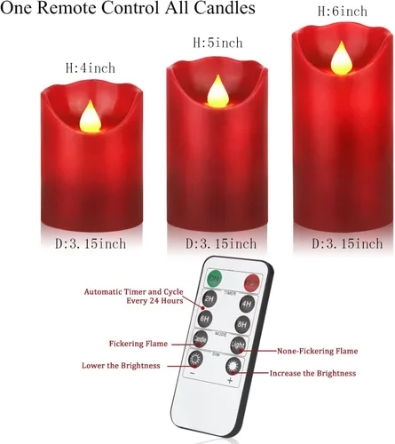 Miniatura 2 de JUNPEI - Juego de 3 velas LED parpadeantes de pilas que duran 300 h, color rojo, cera real, control remoto de 10 teclas, temporizador de 24 h