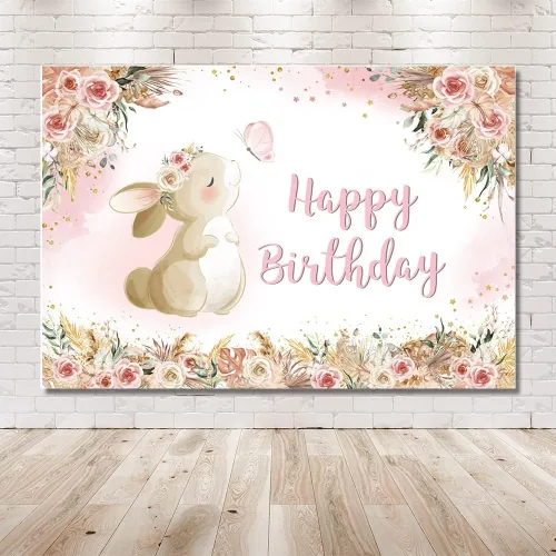 Miniatura 6 de MEHOFOND Telón de fondo floral de cumpleaños para niñas, acuarela, bohemio, flores, conejo, día de Pascua, fotografía de fondo, pancarta de feliz