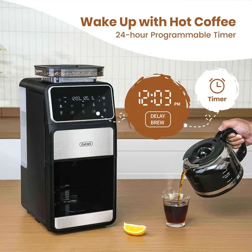 Miniatura 5 de Gevi Cafetera de goteo de 10 tazas con molinillo integrado, máquina de café combinada de moler y preparar rebabas con pantalla táctil, programable