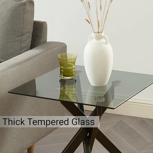 Miniatura 4 de Edwin's Choice - Mesa auxiliar cuadrada de cristal negro con tapa de cristal templado gris y patas tubulares de metal negro con borde dorado 50,8 cm