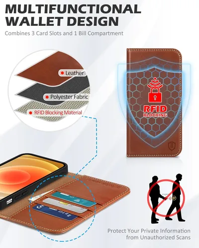 Miniatura 3 de SHIELDON Funda tipo cartera para iPhone 12 5G, de piel auténtica, con absorción de golpes, bloqueo RFID, tarjetero y soporte compatible con iPhone