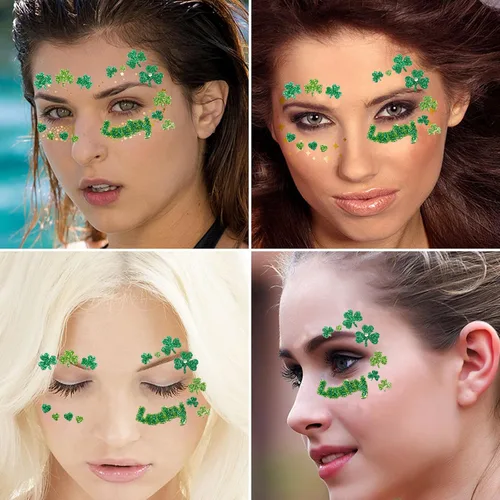 Miniatura 6 de Ecuupas Día de San Patricio, gemas faciales para festivales de tréboles, trébol con purpurina verde, diseño de diamantes de imitación de ojos