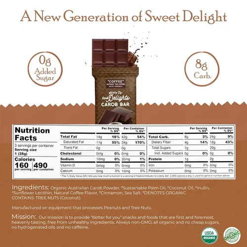 Miniatura 2 de Missy J's Organic Carob Dark Delights - Barra de caramelo de café sin azúcar, 3 onzas, paquete de 12 unidades, vegano, sin gluten y cafeína