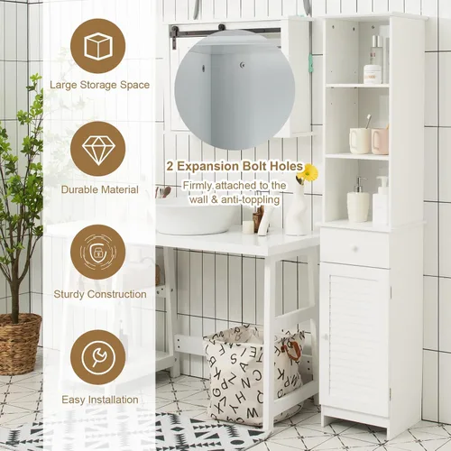 Miniatura 7 de Tangkula Armario alto de baño, gabinete de almacenamiento delgado con estante de 3 niveles, cajón y torre de lino cerrada y estrecha, estantes