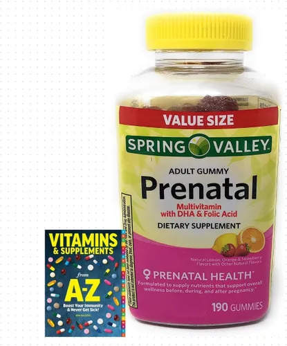 Spring Valley - Multivitamínico de salud prenatal para adultos, DHA y ácido fólico, fruta, 190 gomitas+guía de vitaminas para suplementos