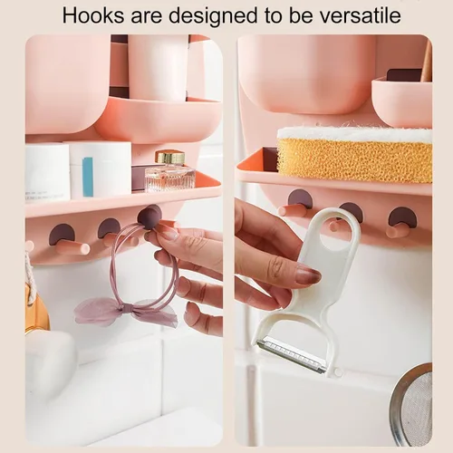 Miniatura 7 de Estante de montaje en pared, organizador de accesorios de mesita de noche con ganchos, almacenamiento adhesivo para teléfono, control remoto, Rosa