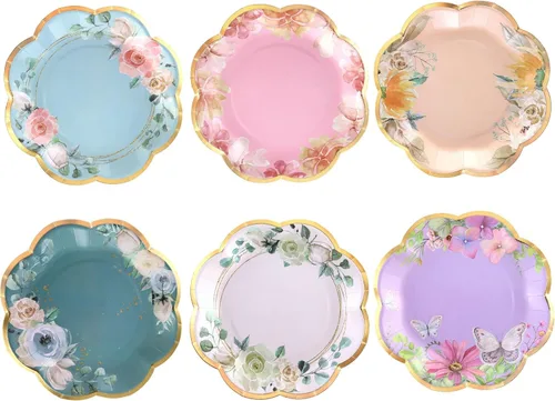 Winoo Design Platos de papel florales – 48 unidades – Platos de fiesta de flores de 9 pulgadas, platos desechables florales para fiesta de té, baby