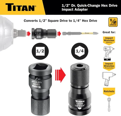 Miniatura 2 de Titan 12039 Adaptador de cambio rápido de 1/2" de accionamiento a 1/4" hexagonal